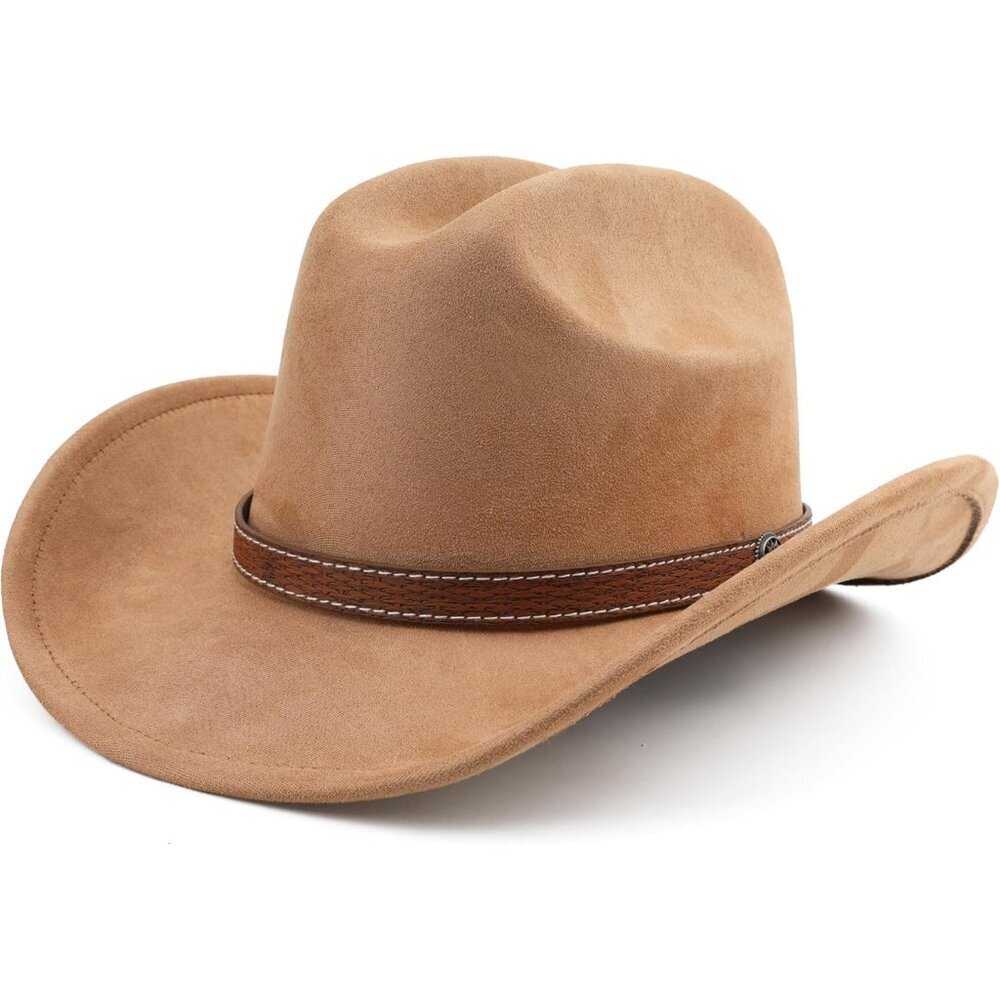 Unisex Camel Western Faux Stitched Leather Band Classic Fedora Cowboy Felt Hat